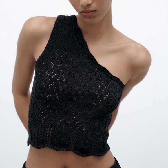 Zara Asymmetric Pointelle Knit Crop Top Black One Shoulder Wide Strap Women LG - Picture 2 of 3